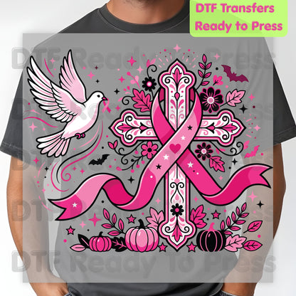 Pink Cross Dove Breast Cancer Awareness DTF Transfer Ready to Press Faith Heat Transfer Tee