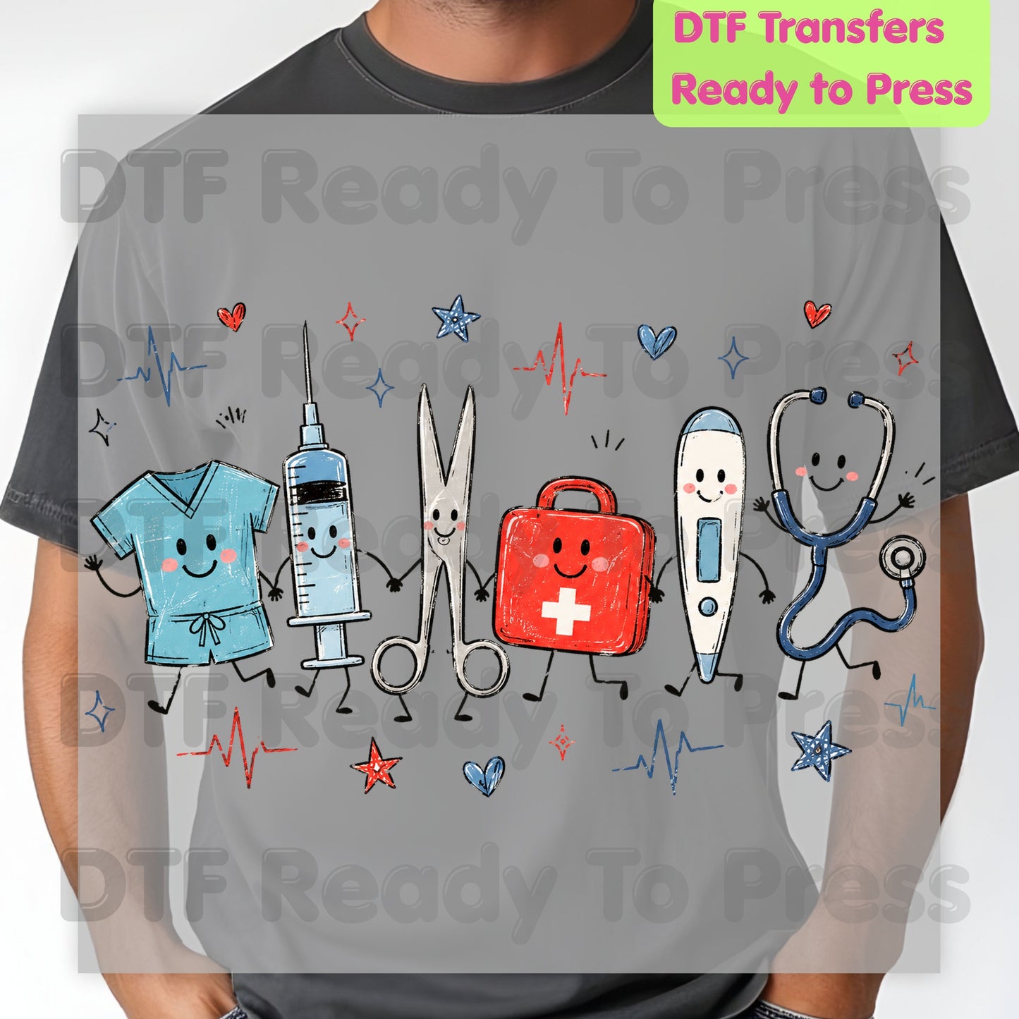 Cute Nurse Life DTF Transfers, Medical Equipment Friends Stethoscope Scrubs Syringe First Aid Healthcare Ready to Press