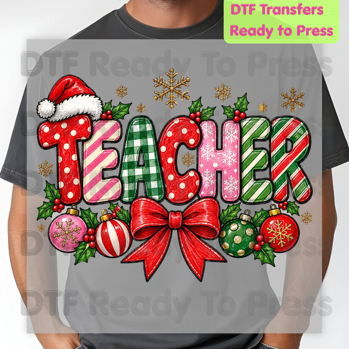 hristmas Teacher DTF Transfers, Holiday School Bow Ornaments Santa Hat Graphic Ready to Press