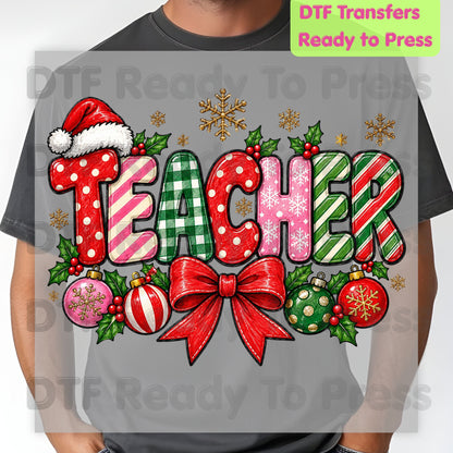 hristmas Teacher DTF Transfers, Holiday School Bow Ornaments Santa Hat Graphic Ready to Press