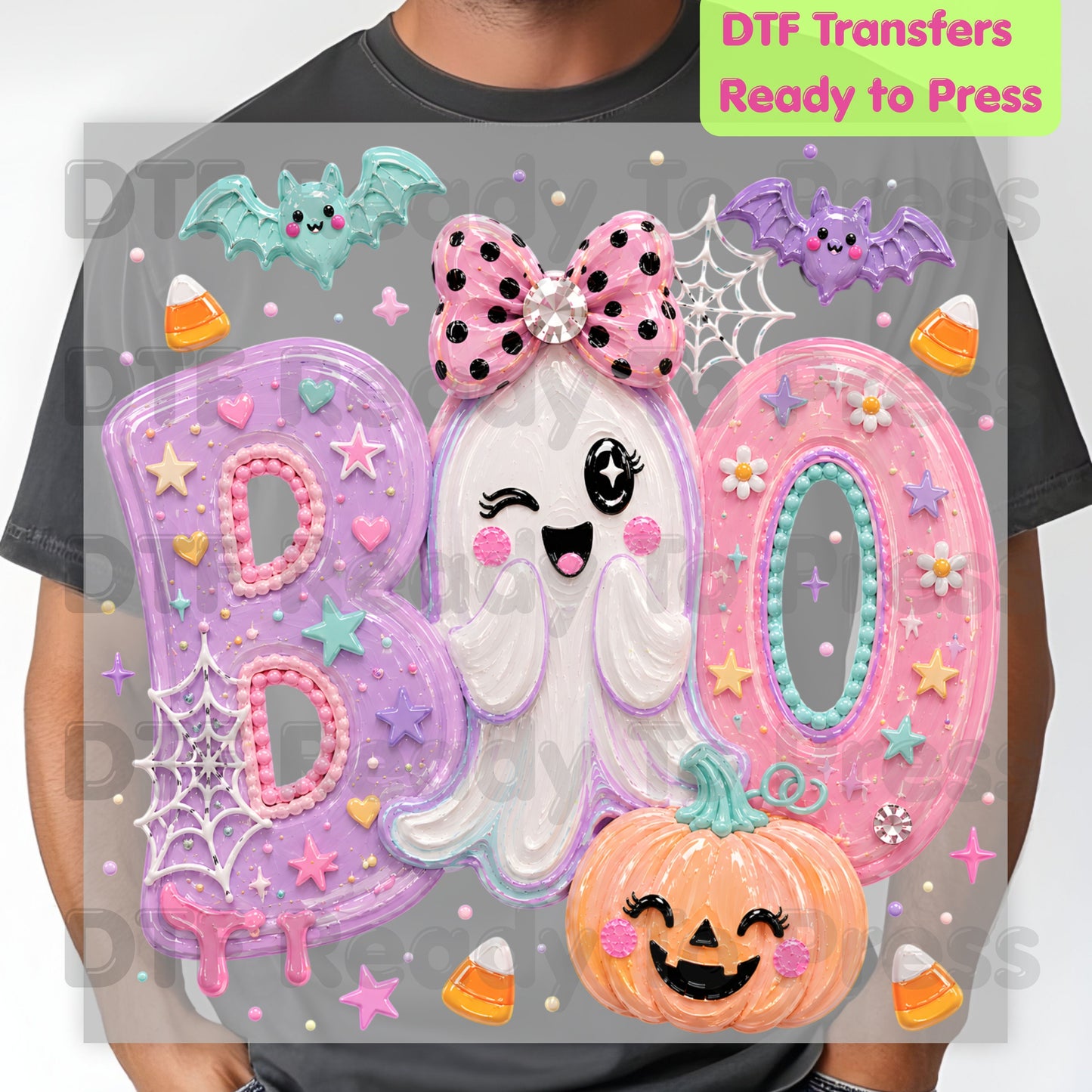 Pastel Cute Ghost Halloween BOO DTF Transfers, Pink Purple Bow Pumpkin Candy Corn Kids Girls Ready to Press