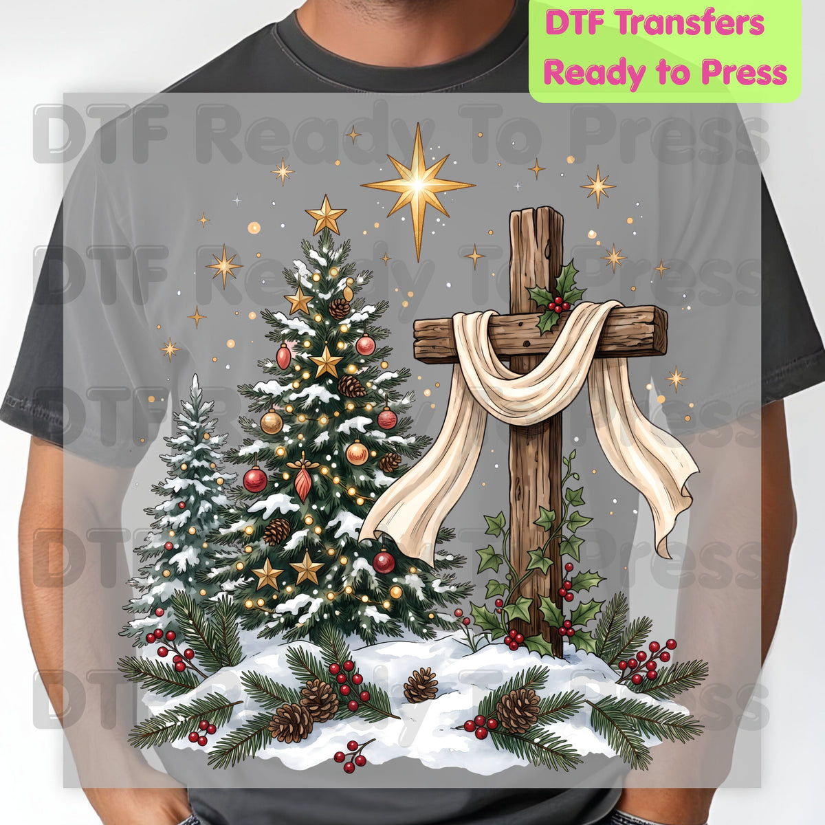 Christmas DTF Transfer, Christian Wooden Cross Star Christmas Tree Graphic