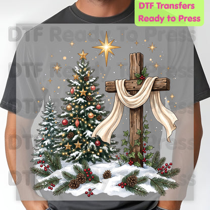 Christmas DTF Transfer, Christian Wooden Cross Star Christmas Tree Graphic