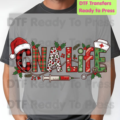 Christmas CNA Life Leopard Plaid DTF Transfers, Medical Nursing Syringe Holiday Ready to Press