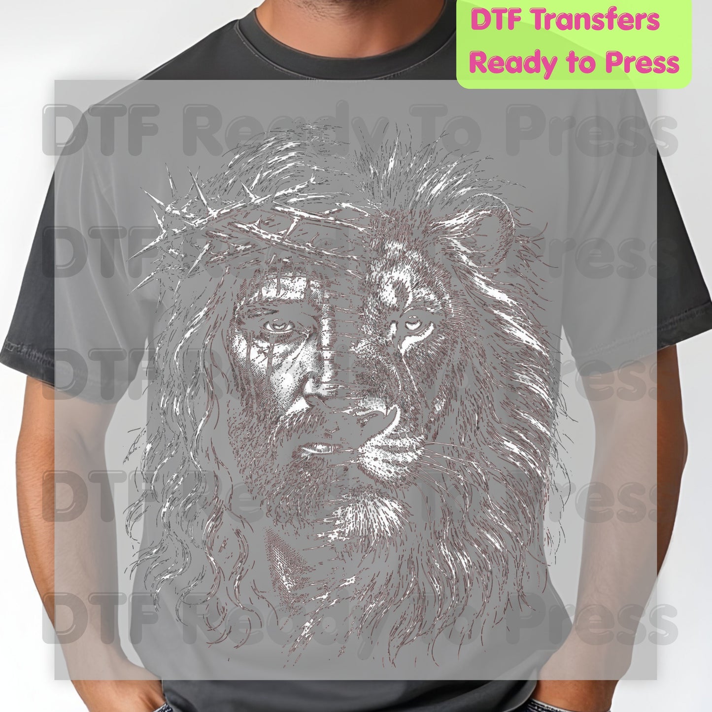 Lion and Jesus DTF Transfers, Lion of Judah Crown of Thorns Christian Faith Sketch Ready to Press