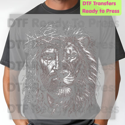 Lion and Jesus DTF Transfers, Lion of Judah Crown of Thorns Christian Faith Sketch Ready to Press