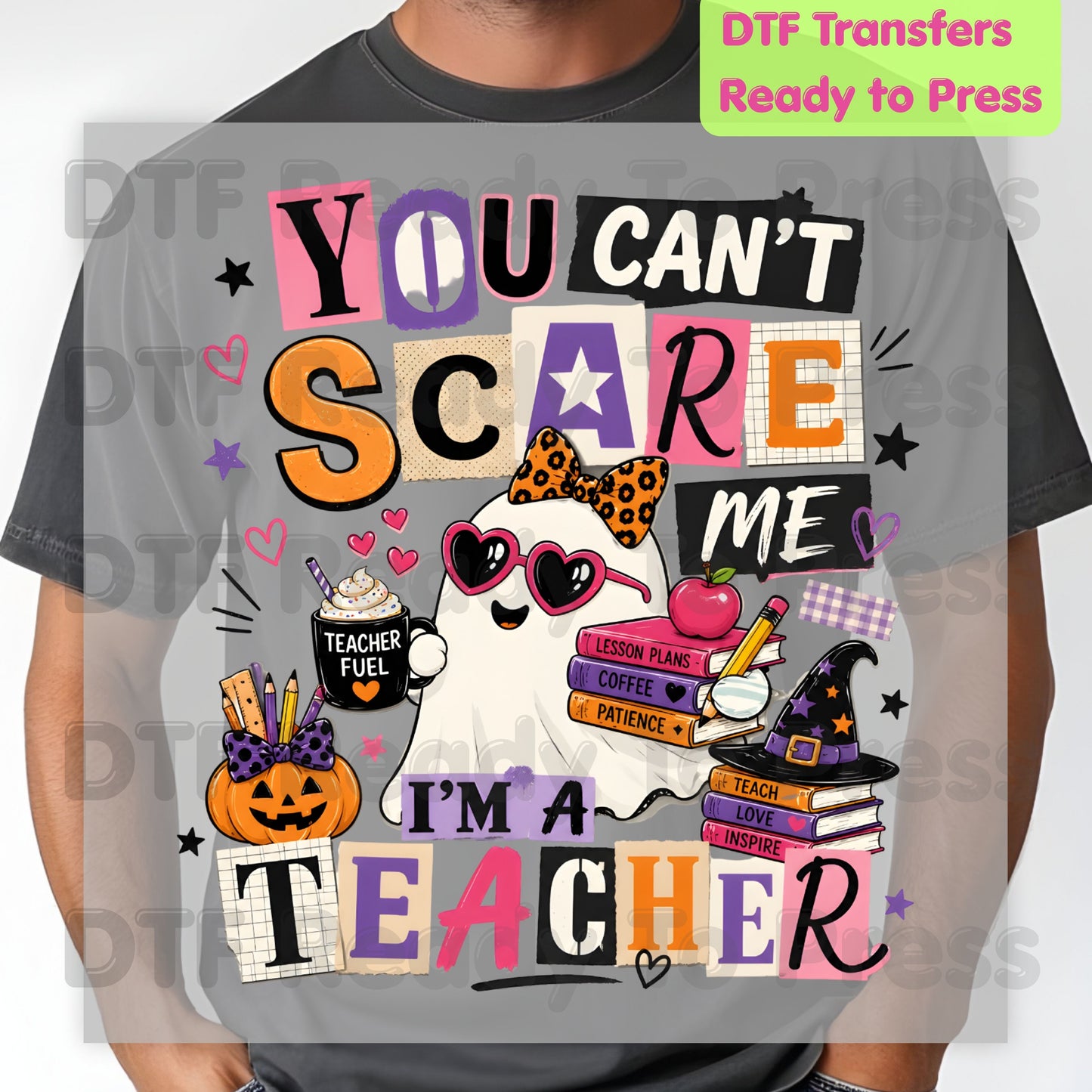 You Can't Scare Me Teacher DTF Transfers, Halloween Ghost Books Coffee Ready to Press