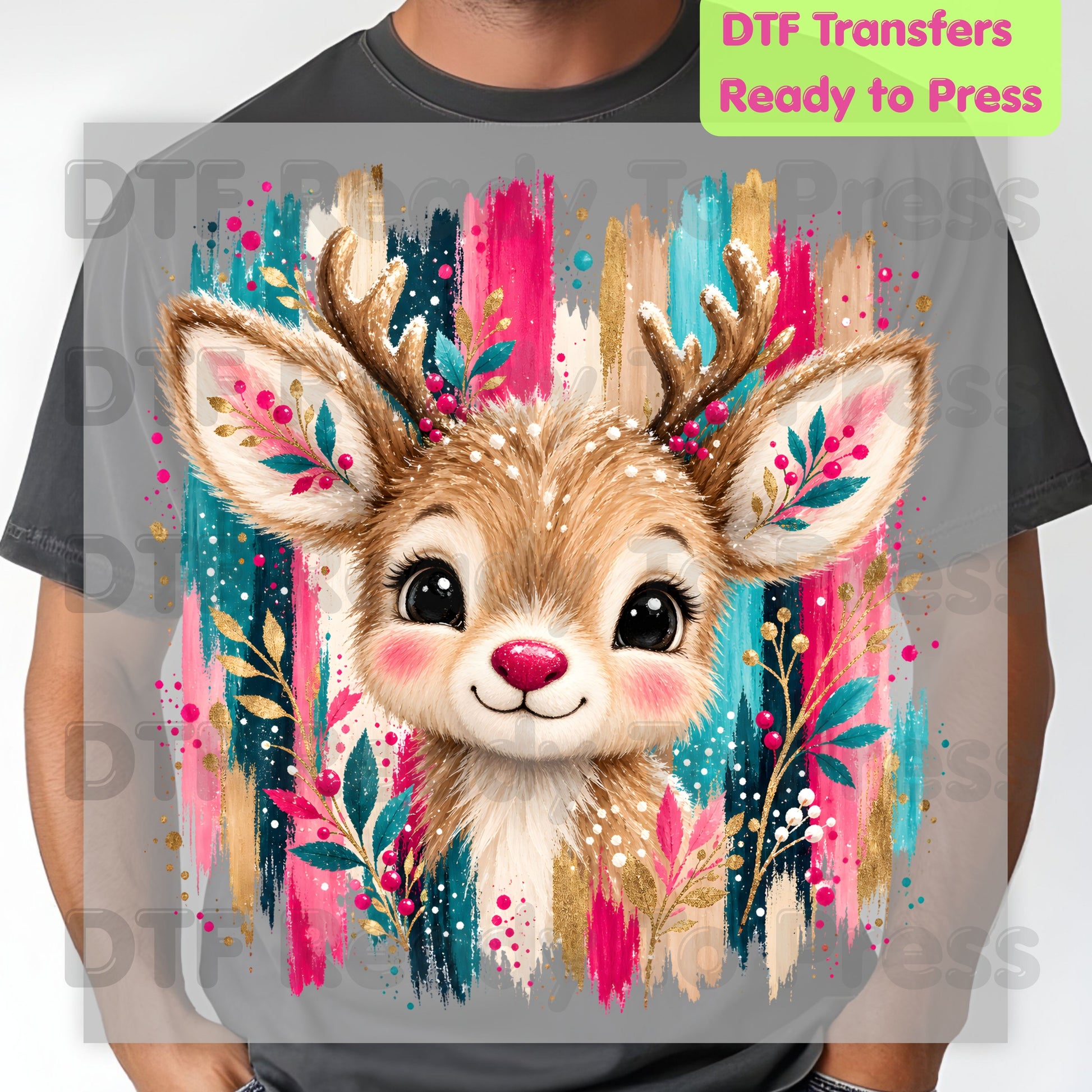Cute Christmas Reindeer DTF Transfers, Colorful Floral Antlers Pink Teal Gold Holiday Ready to Press.