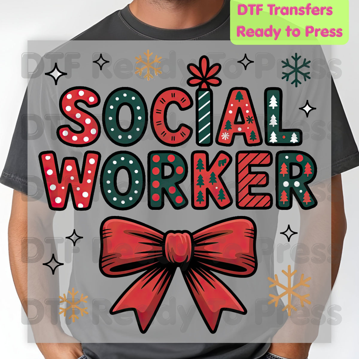 Christmas Social Worker Bow DTF Transfers, Community Snowflake Polka Dot Holiday Ready to Press