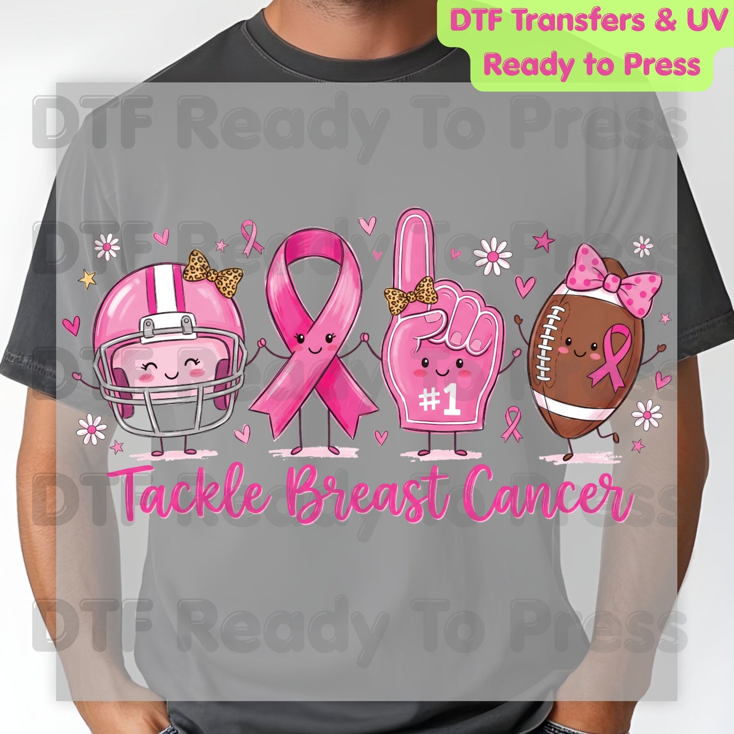 Tackle Breast Cancer Awareness DTF Transfer Ready to Press Heat Transfer Football Ribbon Tee