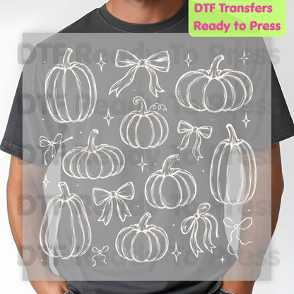 Halloween DTF Transfers, Coquette Pumpkins Bows Line Art Fall Pumpkin Outline Ready to Press