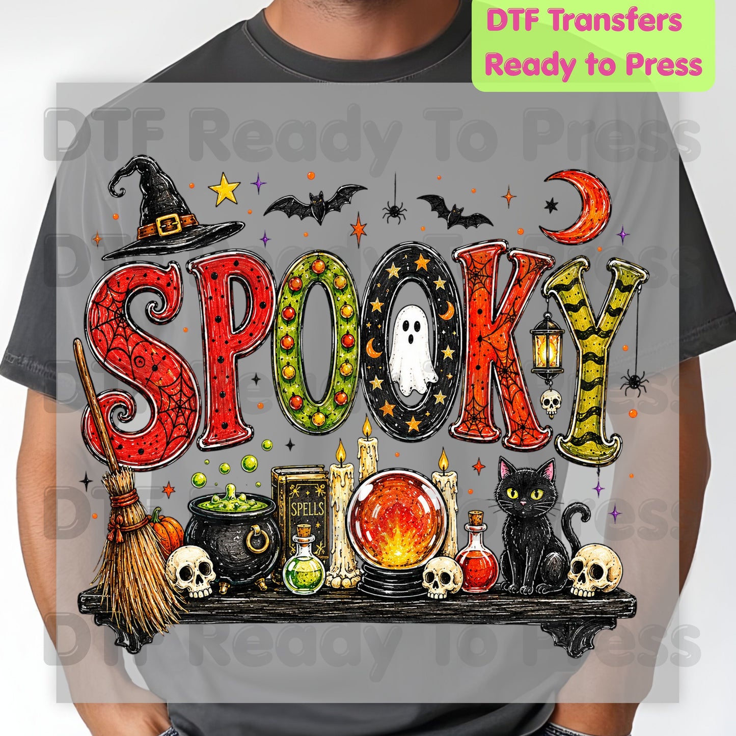 Halloween Witch Shelf DTF Transfers, Black Cat Crystal Ball Cauldron Potion Skull Spooky Ready to Press
