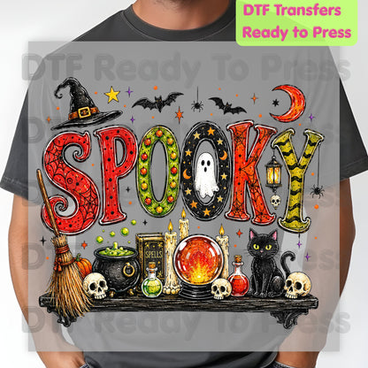 Halloween Witch Shelf DTF Transfers, Black Cat Crystal Ball Cauldron Potion Skull Spooky Ready to Press