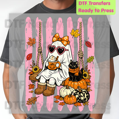 Halloween Ghost DTF Transfer Ready to Press Pink Cute Ghost Swing Heat Transfer For Shirts Spooky Vibes Pumpkin Spice Black Cat Autumn