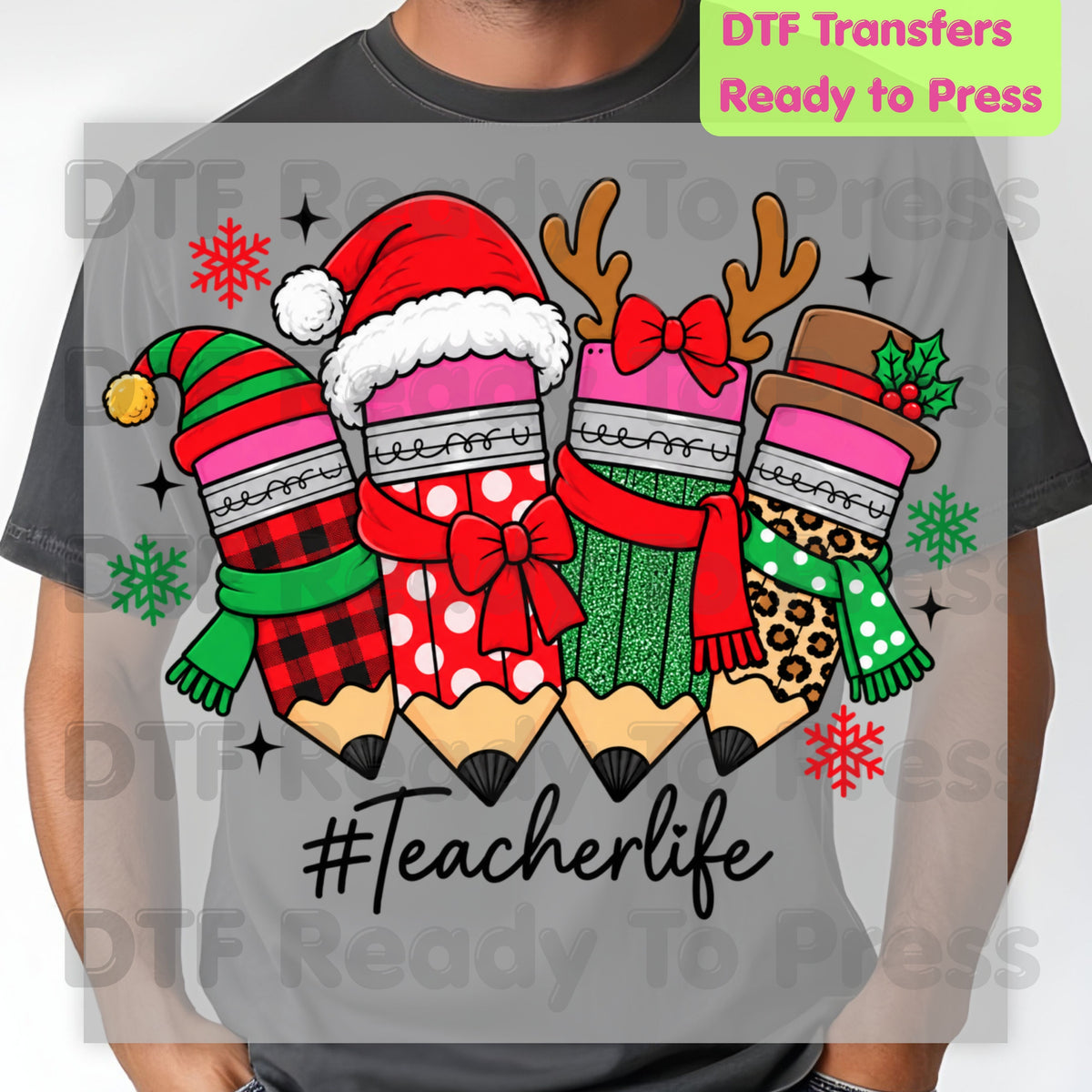 Christmas Teacher Pencils DTF Transfers, Holiday Santa Reindeer School Graphic Ready to Press