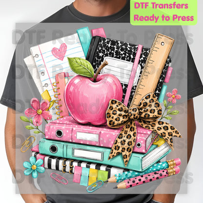Pink Apple School Supplies DTF Transfers, Books Leopard Bow Back to School Teacher Student Ready to Press