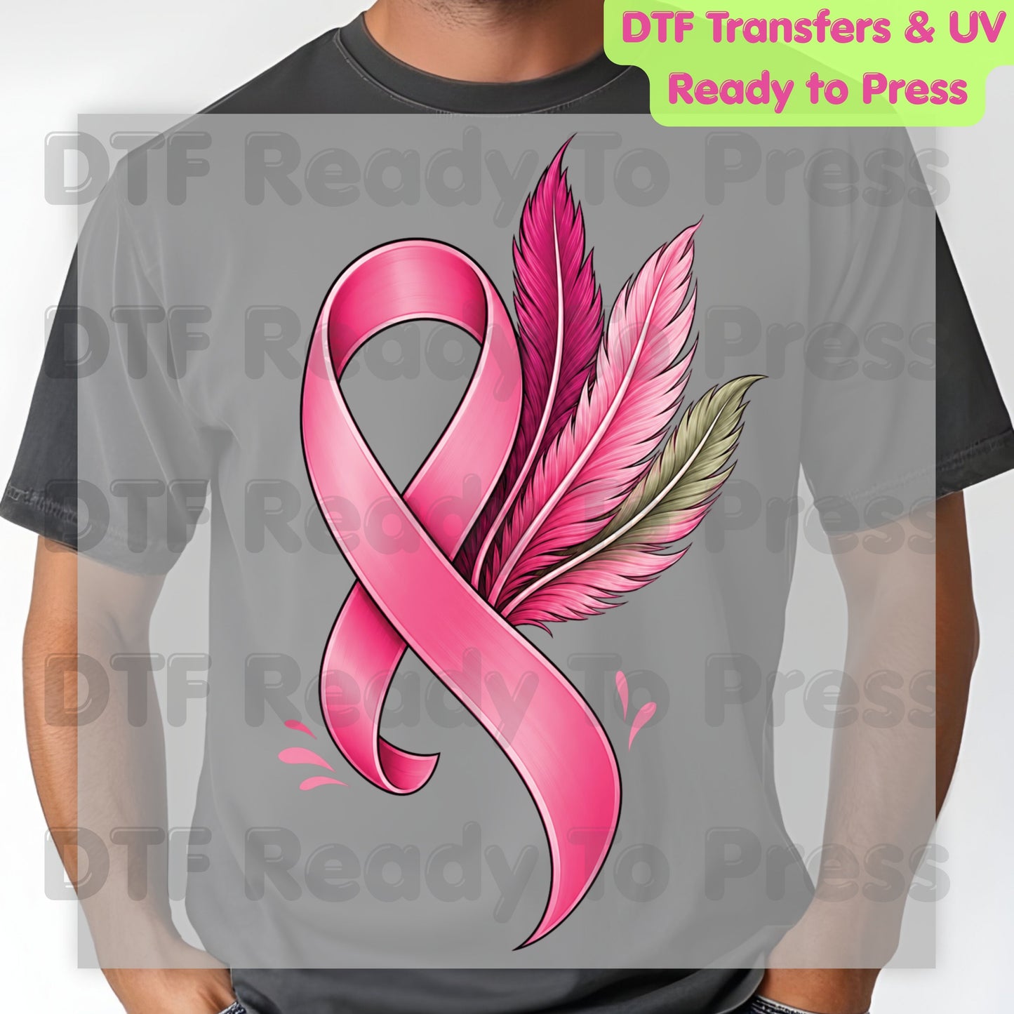 Pink Ribbon Feathers Breast Cancer Awareness DTF Transfer Ready to Press Heat Transfer Survivor Support Tee