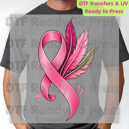 Pink Ribbon Feathers Breast Cancer Awareness DTF Transfer Ready to Press Heat Transfer Survivor Support Tee