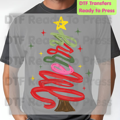 Christmas DTF Transfer, Merry Christmas Tree Script, Sparkles