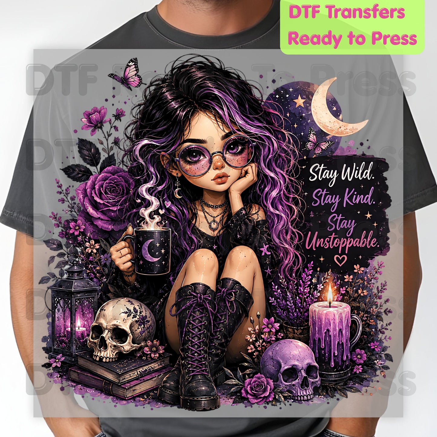 Stay Wild Stay Kind DTF Transfers, Purple Goth Girl Skull Crescent Moon Witchy Ready to Press