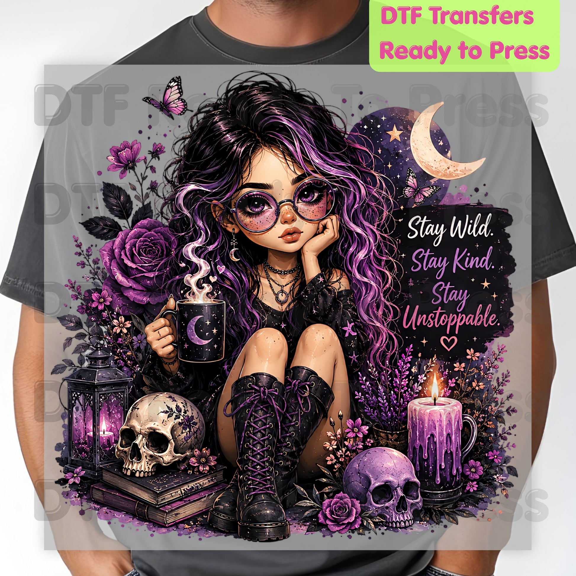 Stay Wild Stay Kind DTF Transfers, Purple Goth Girl Skull Crescent Moon Witchy Ready to Press