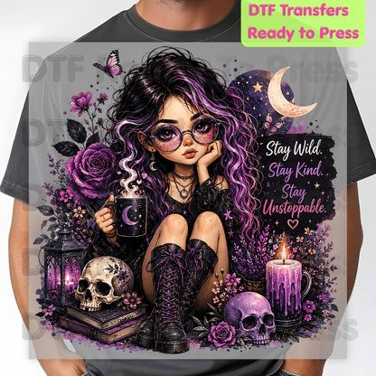 Stay Wild Stay Kind DTF Transfers, Purple Goth Girl Skull Crescent Moon Witchy Ready to Press
