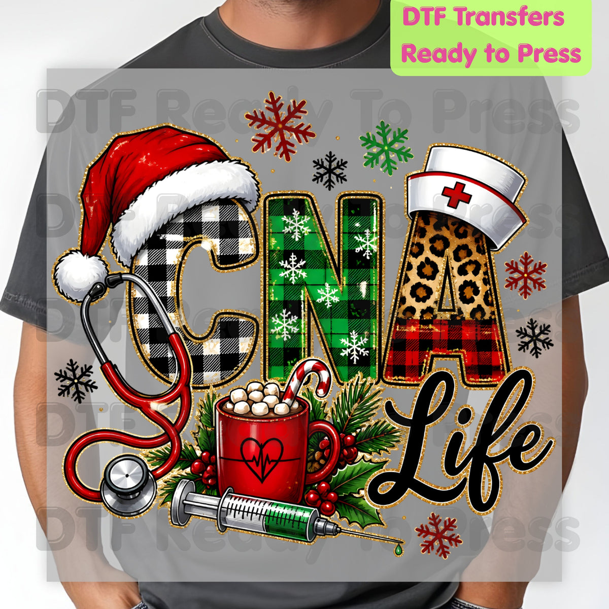 Christmas CNA Life DTF Transfers, Nursing Medical Leopard Plaid Stethoscope Holiday Ready to Press