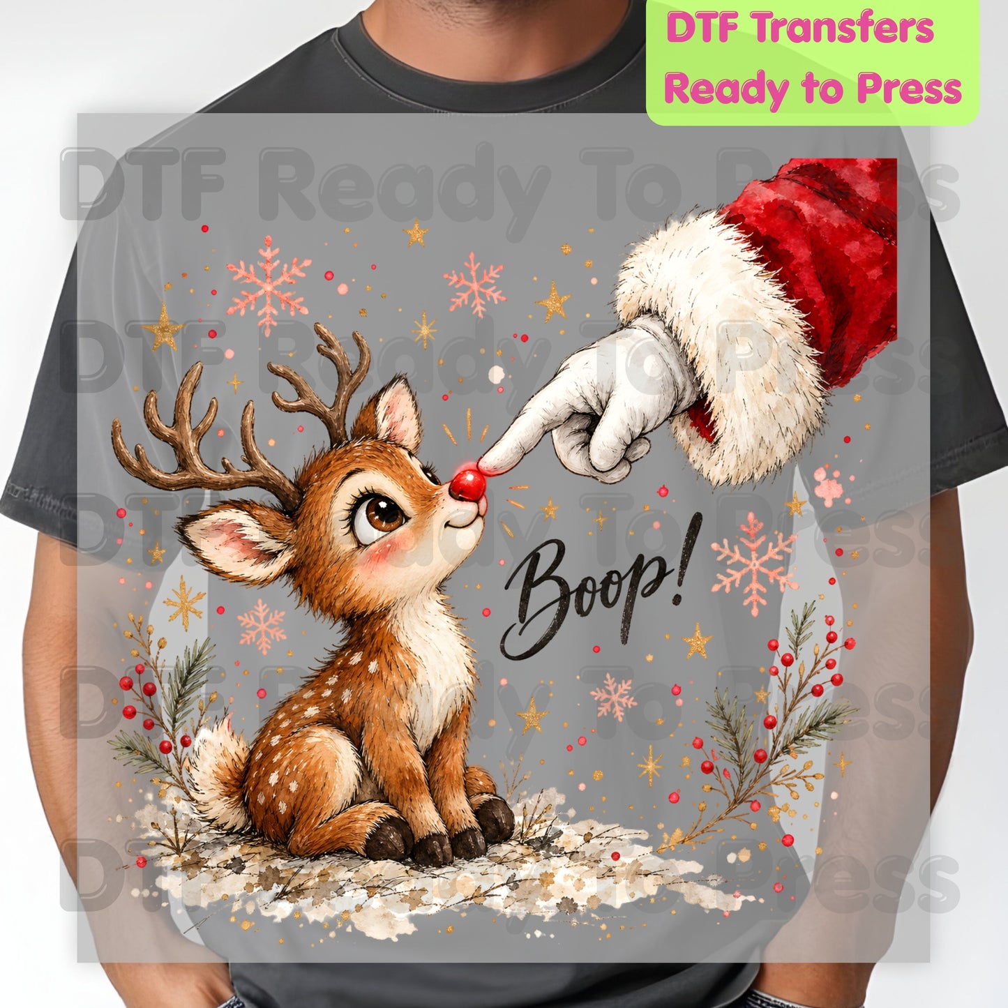 Christmas Reindeer DTF Transfers, Santa Boop Rudolph Cute Baby Deer Holiday Ready to Press