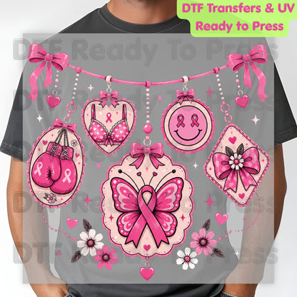 Pink Ribbon Breast Cancer Awareness Charms DTF Transfer Ready to Press Heat Transfer Butterfly Bow Tee