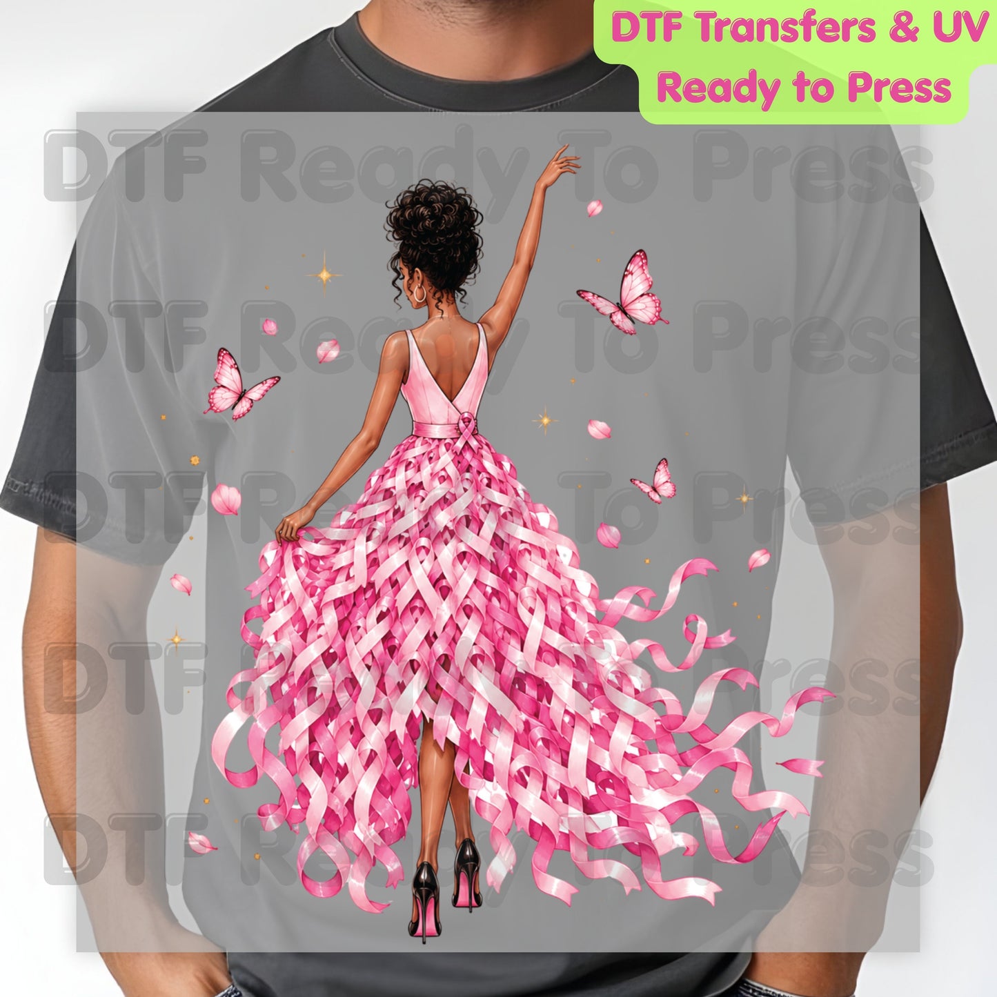 Black Woman Pink Ribbon Dress Breast Cancer Awareness DTF Transfer Ready to Press Heat Transfer Survivor Tee