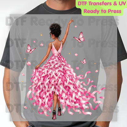 Black Woman Pink Ribbon Dress Breast Cancer Awareness DTF Transfer Ready to Press Heat Transfer Survivor Tee