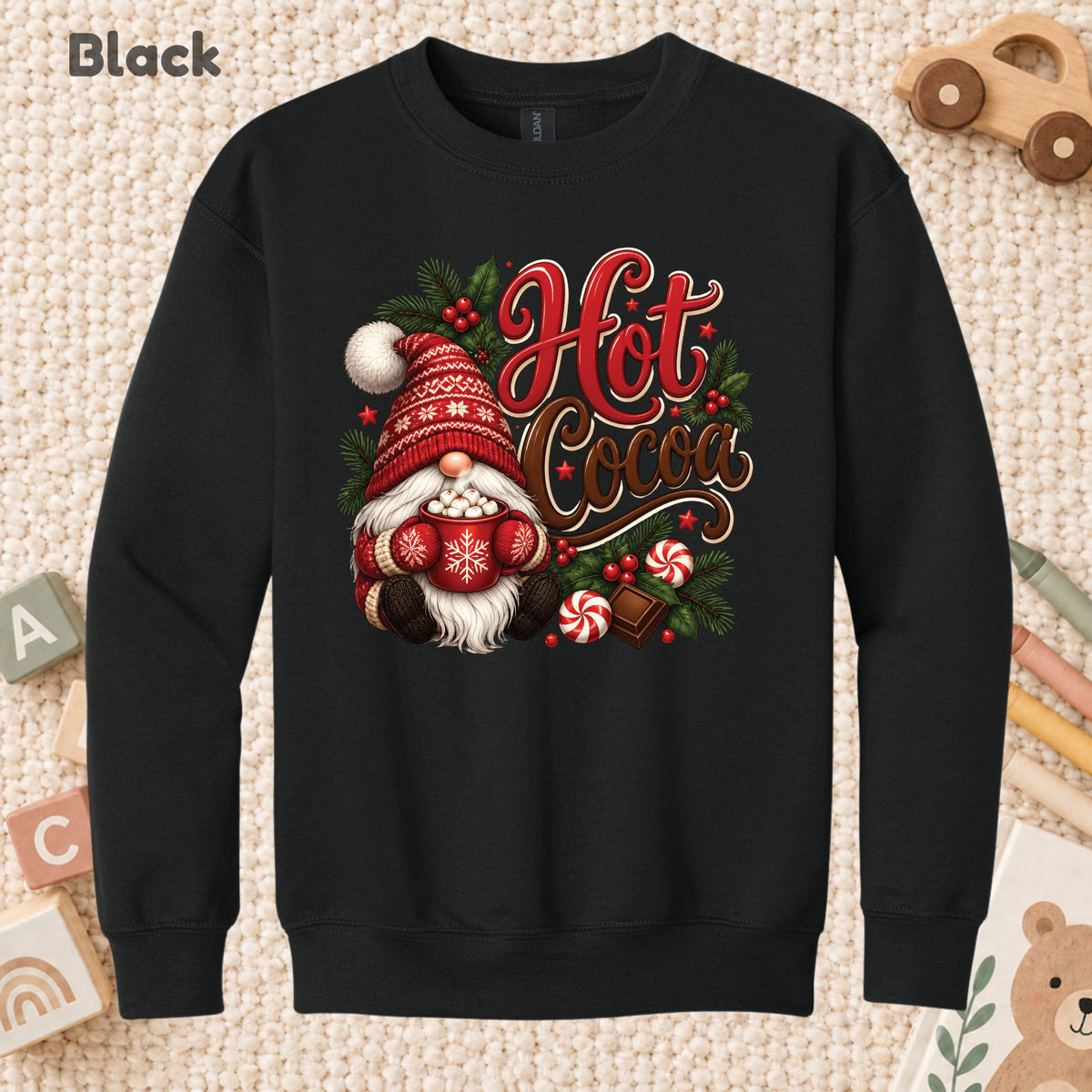 Christmas Gnome T-Shirt, Hot Cocoa Peppermint and Holly Graphic Tee, Cute Holiday Shirt