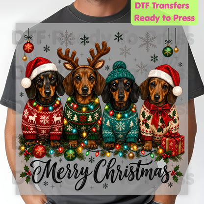 Christmas Dachshund DTF Transfers, Merry Christmas Dogs Santa Hat Holiday Pet Lover Ready to Press