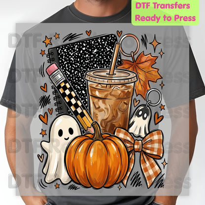 Spooky Teacher DTF Transfer Ready to Press Halloween Fall Heat Transfer For Shirts Iced Coffee Ghost Pumpkin Pencil Composition Notebook