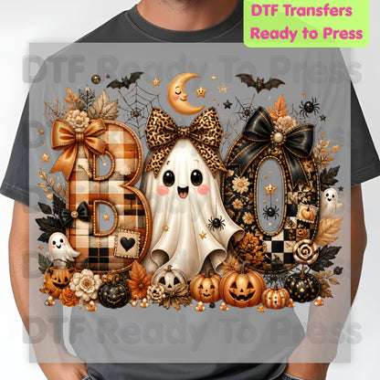 Halloween Boo Ghost DTF Transfers, Cute Bows Orange Plaid Leopard Spooky Season Ready to Press