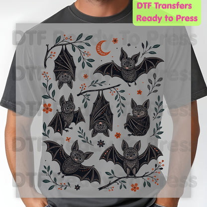 Vintage Halloween Bats DTF Transfers, Floral Botanical Flying Bats Crescent Moon Spooky Season Ready to Press