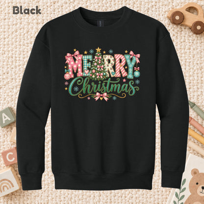 Pastel Pink Bow Christmas T-Shirt, Merry Christmas Tree Graphic Tee, Cute Coquette Holiday Shirt