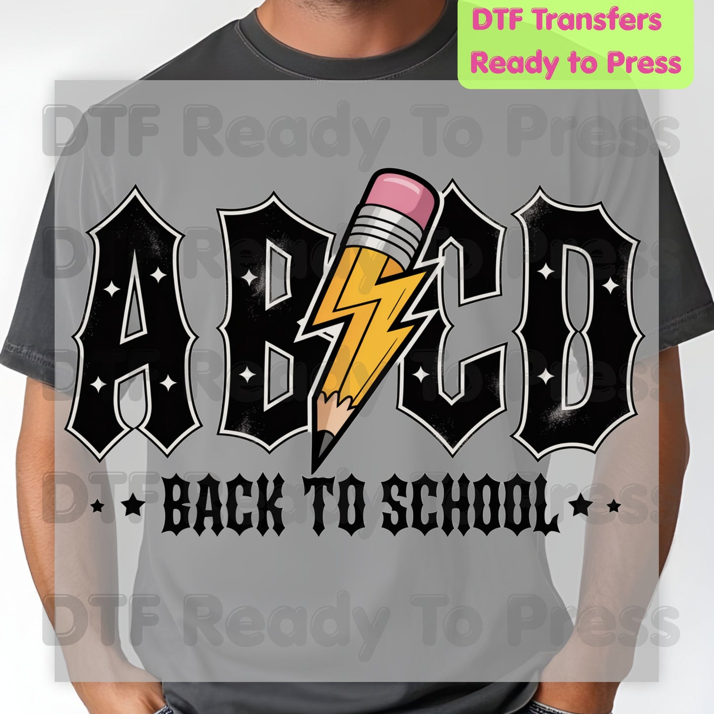 Rock Back to School DTF Transfers, ABCD Lightning Pencil Teacher Student Ready to Press