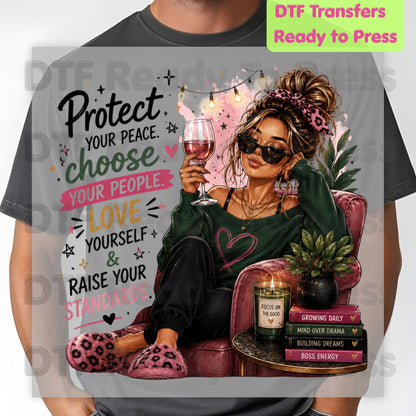 Inspirational Self Care Girl DTF Transfers, Protect Your Peace Love Yourself Wine Woman Quote Ready to Press