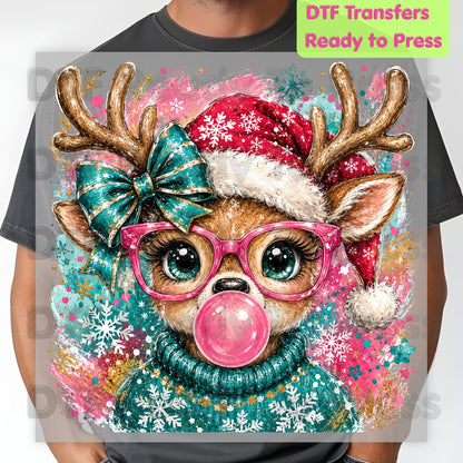Christmas Reindeer DTF Transfers, Pink Glasses Bubblegum Deer Santa Hat Cute Ready to Press
