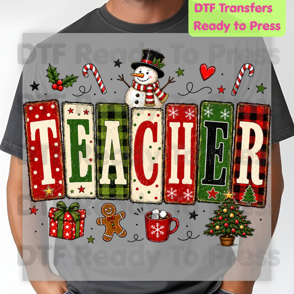 Christmas Teacher Snowman DTF Transfers, School Gingerbread Plaid Holiday Ready to Press