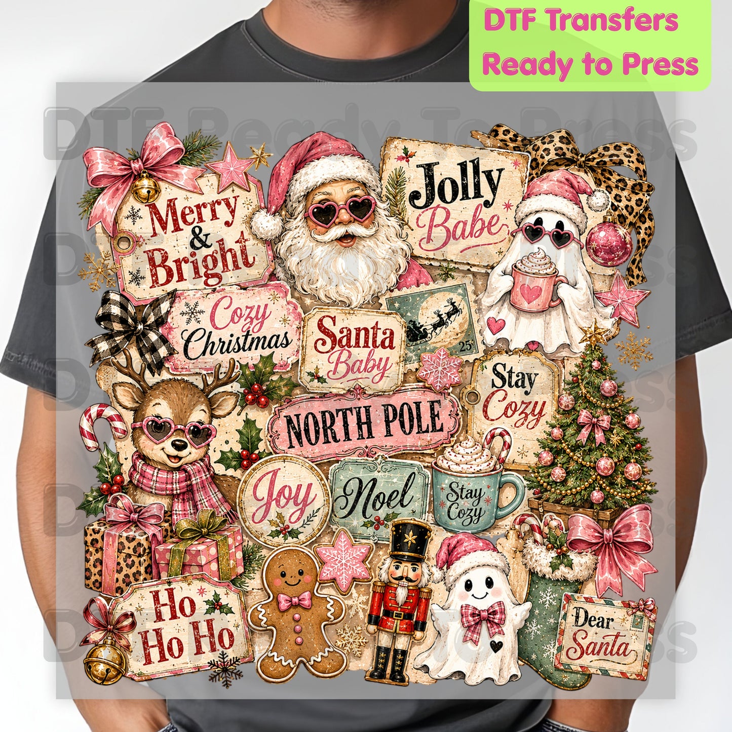 Cozy Pink Christmas Collage DTF Transfers, Santa Reindeer Gingerbread Nutcracker North Pole Holiday Ready to Press