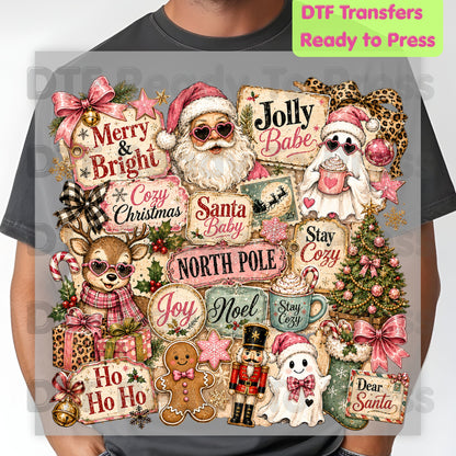 Cozy Pink Christmas Collage DTF Transfers, Santa Reindeer Gingerbread Nutcracker North Pole Holiday Ready to Press