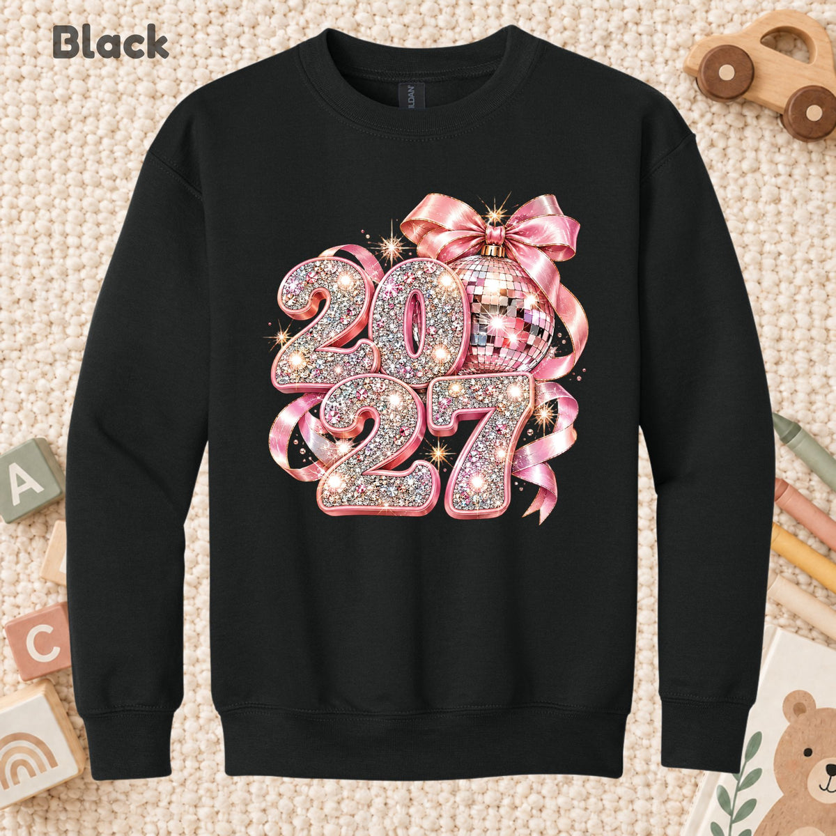 New Year 2027 T-Shirt, Pink Glitter Disco Ball Bow Tee, Sparkly Party Sweatshirt