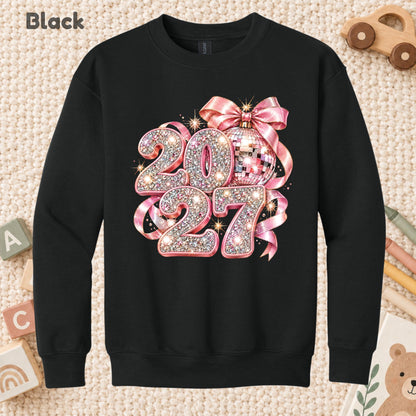 New Year 2027 T-Shirt, Pink Glitter Disco Ball Bow Tee, Sparkly Party Sweatshirt