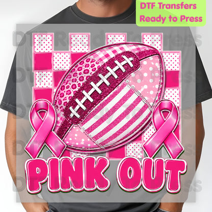Pink Out DTF Transfers, Breast Cancer Awareness Football Pink Ribbon Support Ready to Press