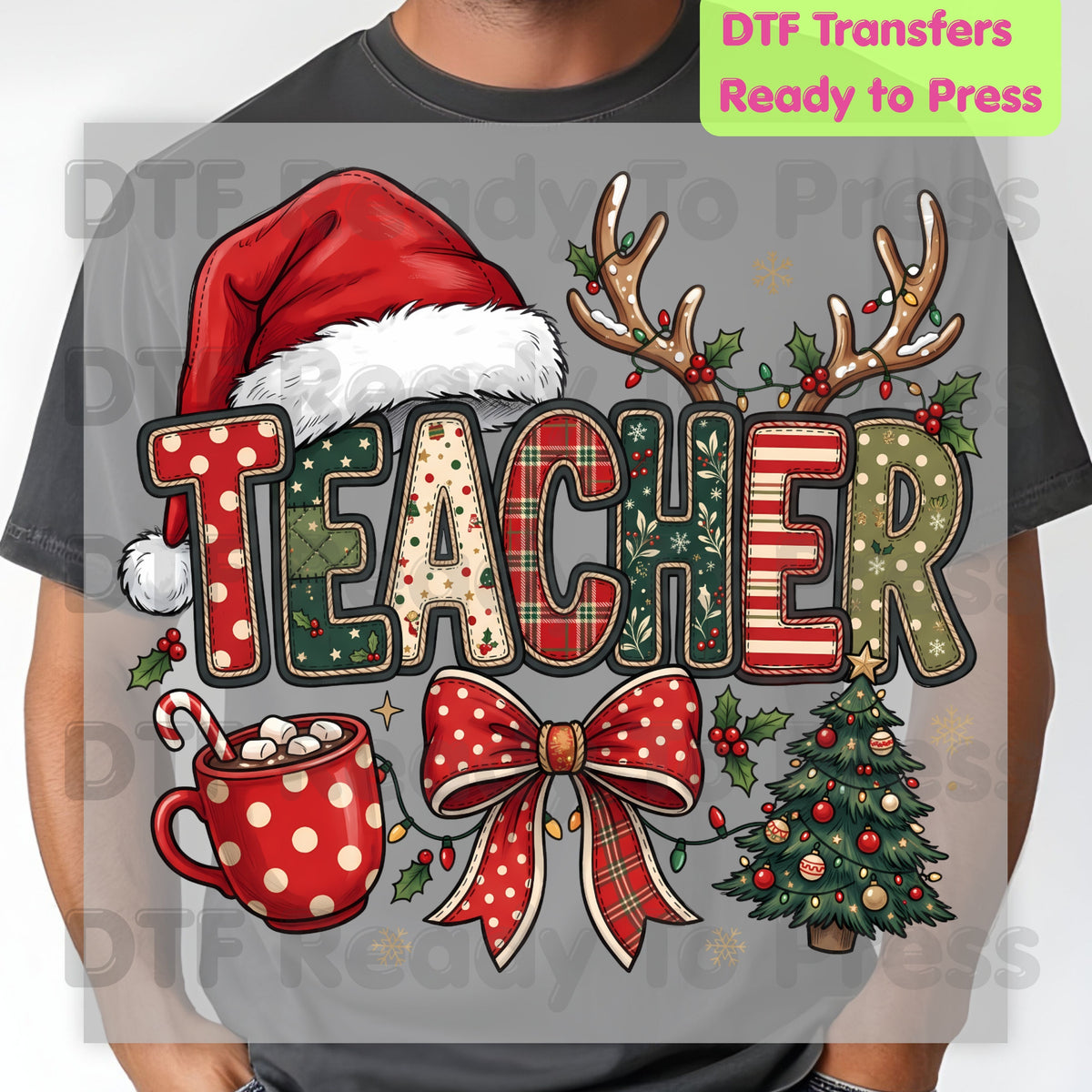 Christmas Teacher Santa Hat DTF Transfers, Holiday School Cocoa Tree Bow Graphic Ready to Press