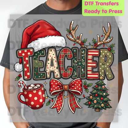 Christmas Teacher Santa Hat DTF Transfers, Holiday School Cocoa Tree Bow Graphic Ready to Press