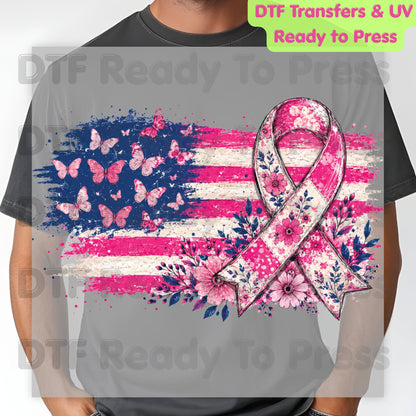 American Flag Pink Ribbon Butterfly Breast Cancer Awareness DTF Transfer Ready to Press Heat Transfer Tee