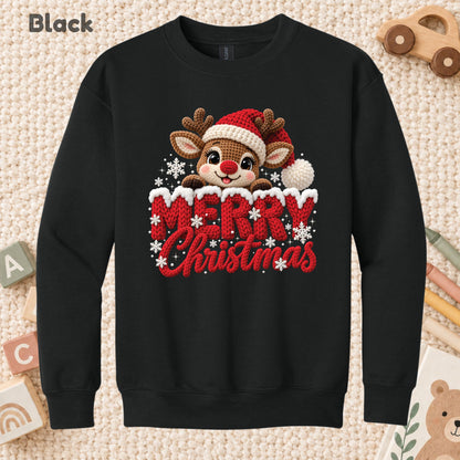 Cute Reindeer Christmas T-Shirt, Santa Hat Knitted Lettering Tee, Cozy Holiday Sweatshirt